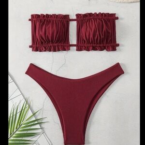 Burgundy bikini with ruffle top and cheeky bottoms Bandeau strapless stretchy
